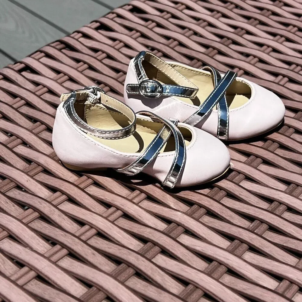 Janie & Jack Baby Silver and Pink Mary Jane Flats Dress Shoes Size 3, 18M